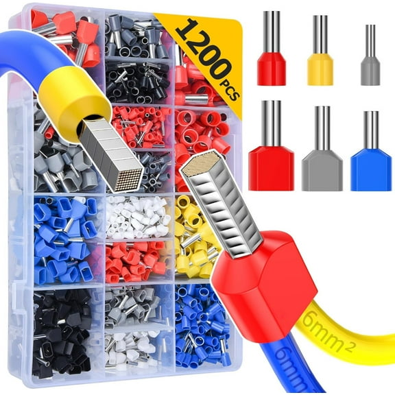 1200pcs Wire Ferrules Terminals Kit, 900 Single Terminal Connector and 300 Double Wire Terminals Insulated & Non-insulated Wire Ferrules Connectors