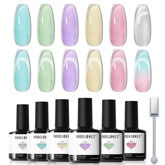 Modelones Gel Nail Polish Set, 6 Translucent Colors Pastel Sheer Pink Yellow Lavender Purple Baby Blue Mint Green Jelly Gel Polish Silver Cat Eye Gel Polish W Magnet Soak Off LED Nail Art Gel DIY