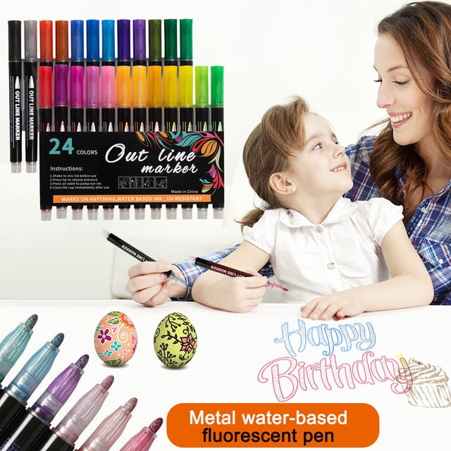 cpengpj Clearance Double Line Pen Color Hand Account Pen Dream Metal Pen Hand-painted 24 Color Highlighter Marker Pen