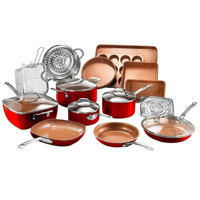 Gotham Steel 20-piece red aluminum Ti-ceramic nonstick cookware and bakeware set with various pots, pans with glass lids, baking trays including muffin pan and cooking accessories.