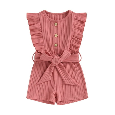 

Suanret Toddler Baby Girl Summer Jumpsuit Solid Color Ruffled Sleeveless Button Romper Shorts with Belt Brick Red 3-4 Years