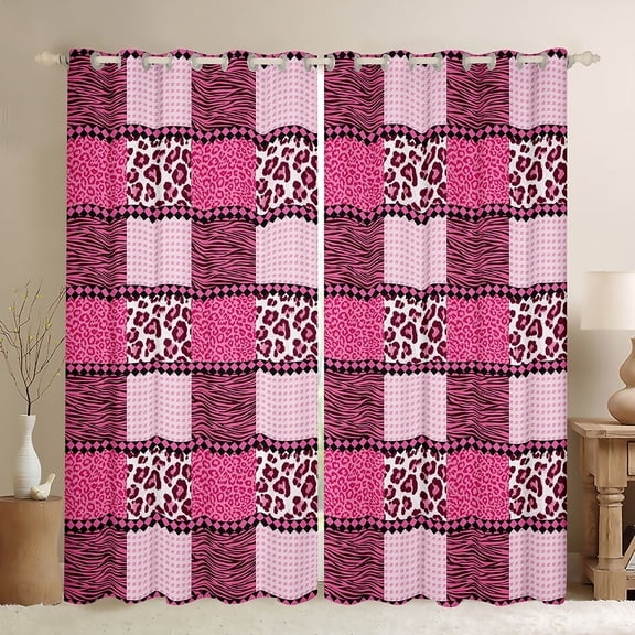 jejeloiu Leopard Cheetah Pattern Blackout Curtains Set of 2 (52x84 Each),Zebra Print Window Curtains,Pink Geometric Grid Curtains and Drapes For Boys Girls,Luxury Bedroom Decor