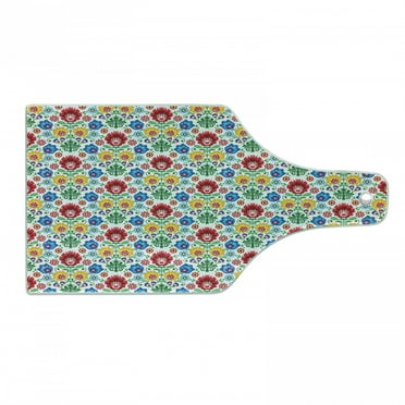 Polish Folk Art Cutting Board, Flourish Motif with Colorful Flowers and Leaves Kaszuby Region, Decorative Tempered Glass Cutting and Serving Board, in 3 Sizes, by Ambesonne