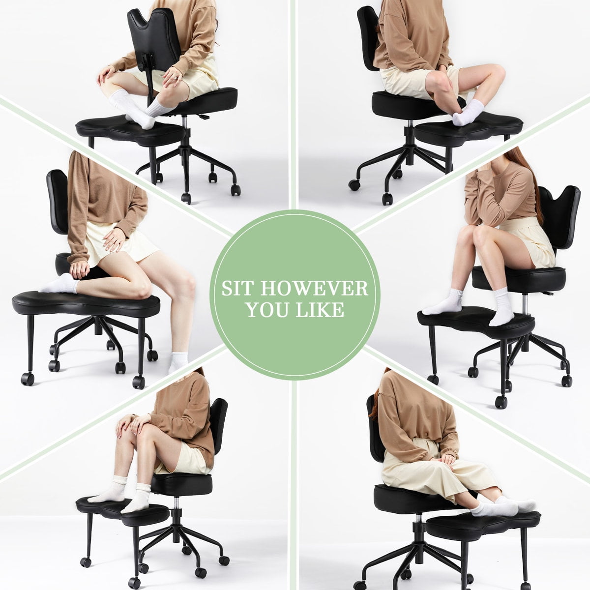 HomeMiYN Cross Legged Meditation Chair with Wheels, ADHD Office Chair, PU Leather Yoga Kneeling Chair with Adjustable Backrest, Black