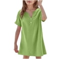 thumbnail image 3 of Milgrthf Robe Midi d'Été pour Fille à Manches Courtes Henley à Col en V avec Boutons Robe T-Shirt Été 2025 6-15 Ans Vert, 3 of 6