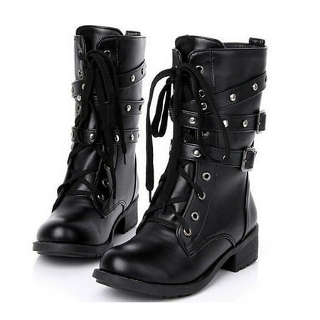 Meigra Cool Women Goth Punk Ankle Boots Military Lace-up Combat Short Flat Shoes