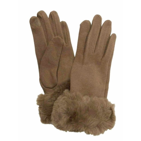 Womens Camel Tan Faux Fur Stretch Fit Texting & Tech Touchscreen Gloves