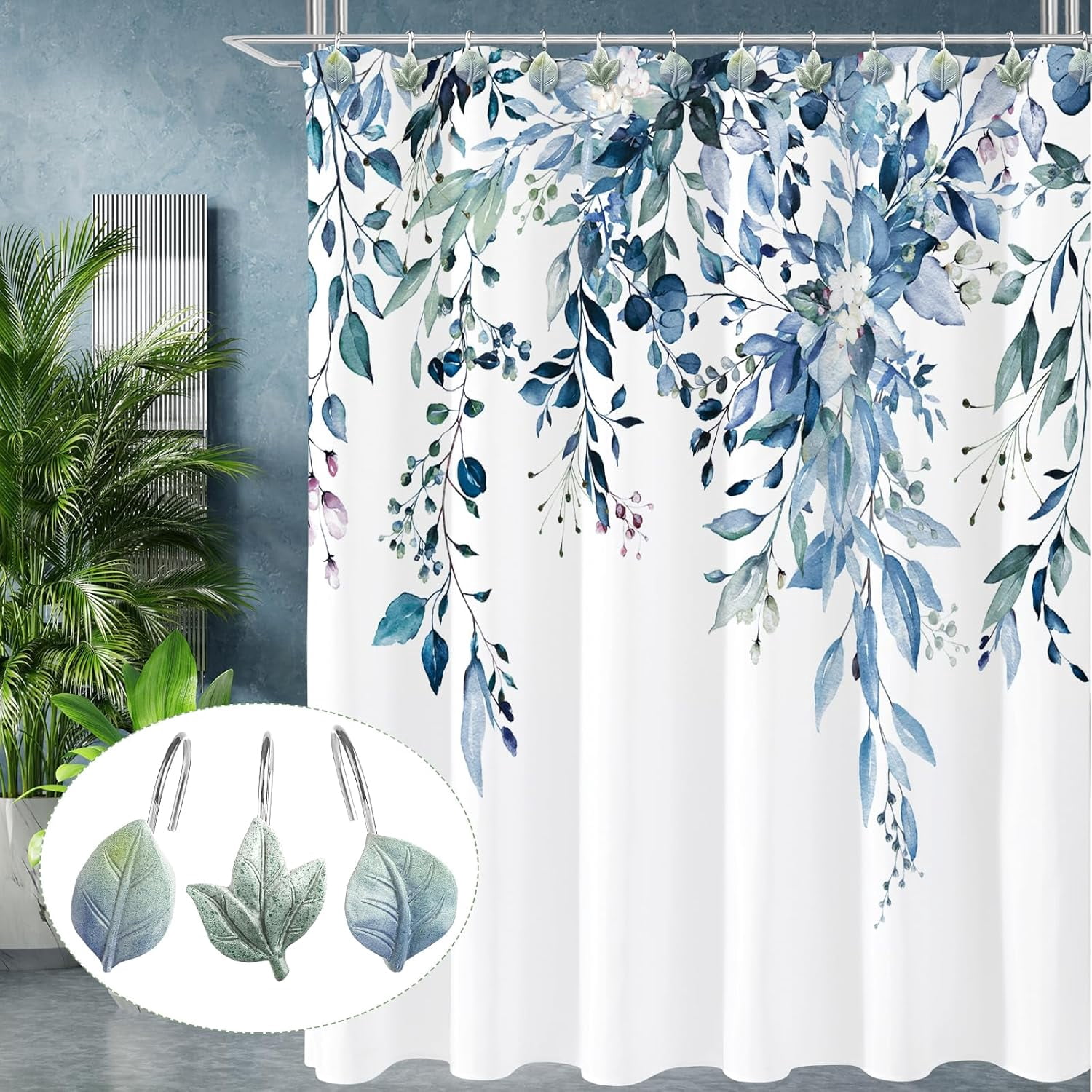 12PCS Leaves Shower Curtain Hooks, Blue Plant Leaf Decorative Shower Curtain Hooks Metal Rustproof Cute Eucalyptus Shower Curtain Rings Bathroom Decoration Accessories