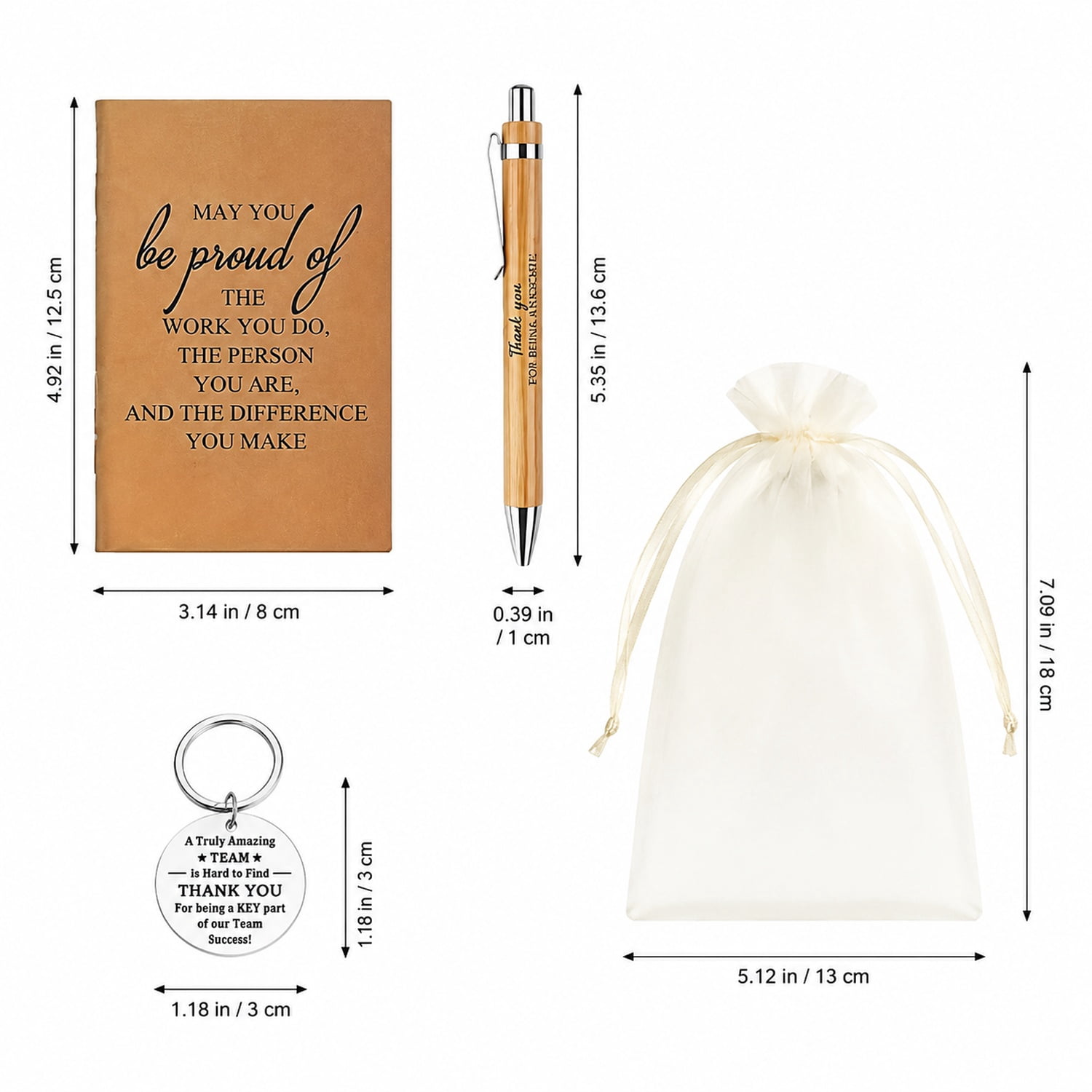 40 Pcs Employee Appreciation Gifts Bulk - Motivational Pocket Notebooks, Natural Bamboo Pens, Gratitude Keychains, Sheer Organza Bags - Team Gifts for Employees, Volunteers, Nurses, Teachers, Colleag