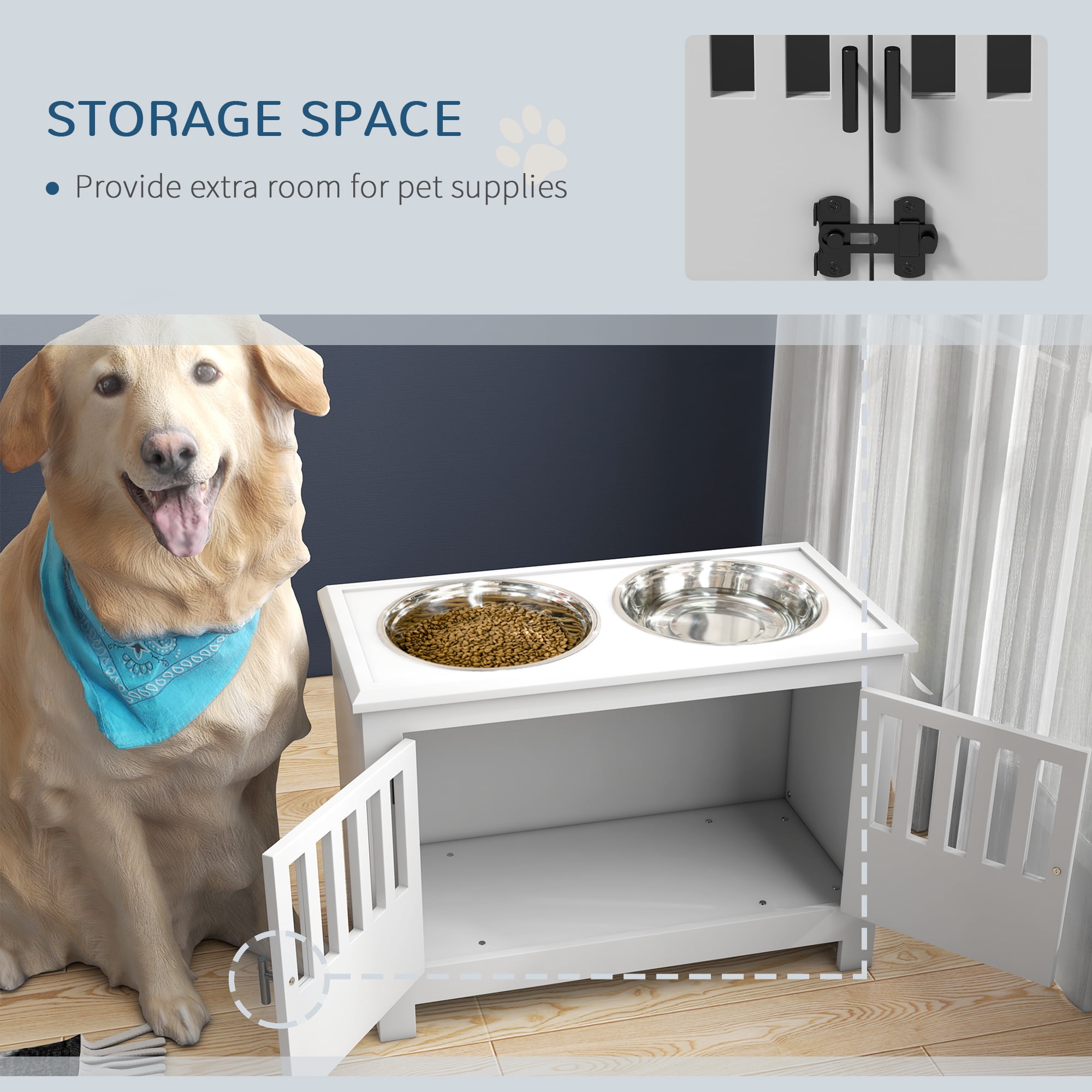 Large Elevated Dog Bowls with Storage Cabinet Containing Large 37L Capacity, Raised Dog Bowl Stand Pet Food Bowl Dog Feeding Station, White