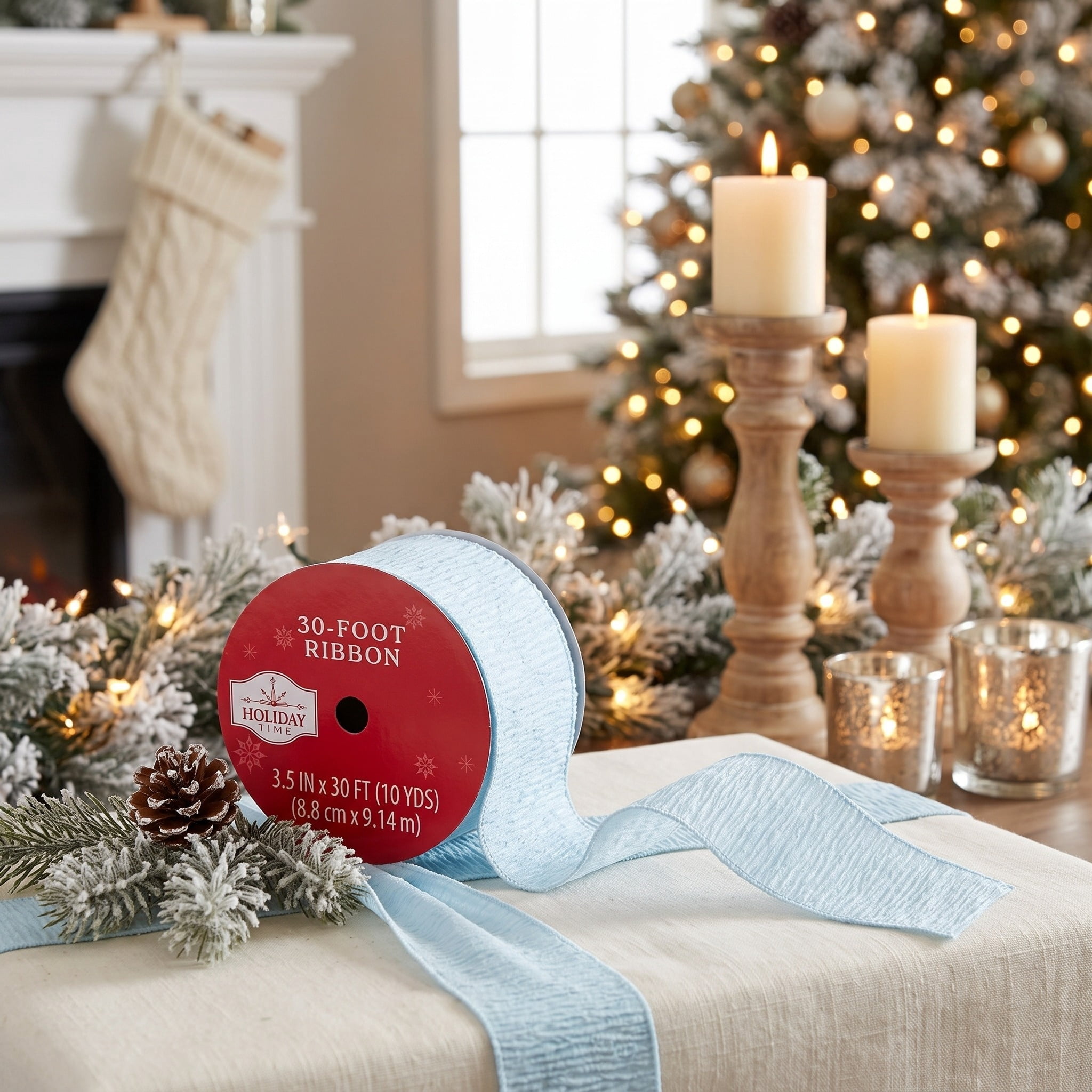 Light Blue Textured Velvet Christmas Ribbon, 3.5" x 30', by Holiday Time