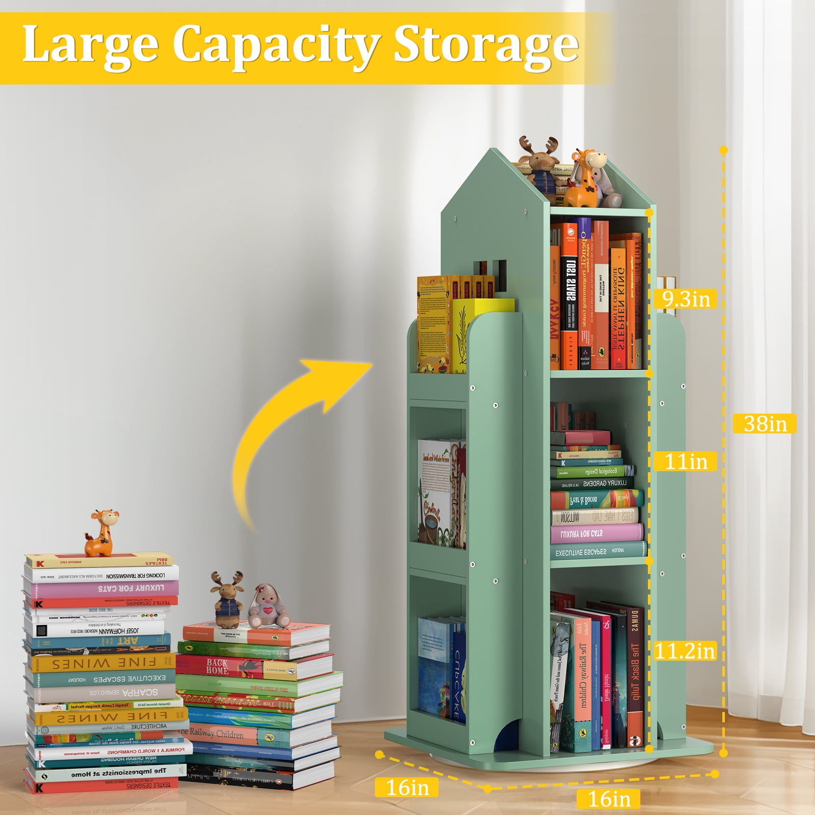 360° Rotating Kids Bookshelf, Olive Green Engineered Wood House-Shaped Bookcase, 38in Tall Storage Organizer for Bedroom, Playroom, Living Room