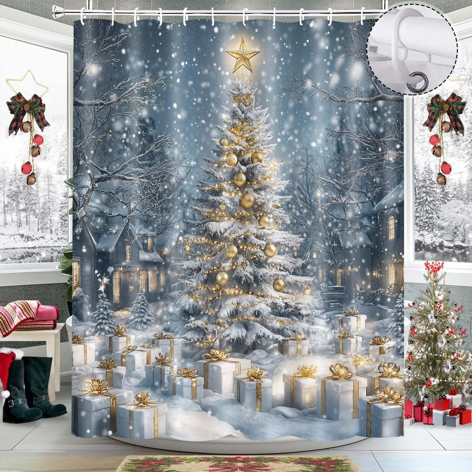 Blue Christmas Shower Curtain Gold Christmas Tree Standing in Snowflakes Holiday Bathroom Decor, Farmhouse Winter Bathroom Accessories 70X70IN