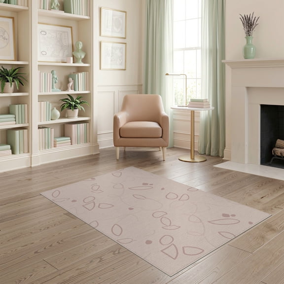 ODIKA 4'x6' Soft Peach Delicate Floral Pattern Washable Area Rug Elegant Curved Leaf Motif Design Pet Friendly, Non-Shedding for Bedroom, Reading Nook