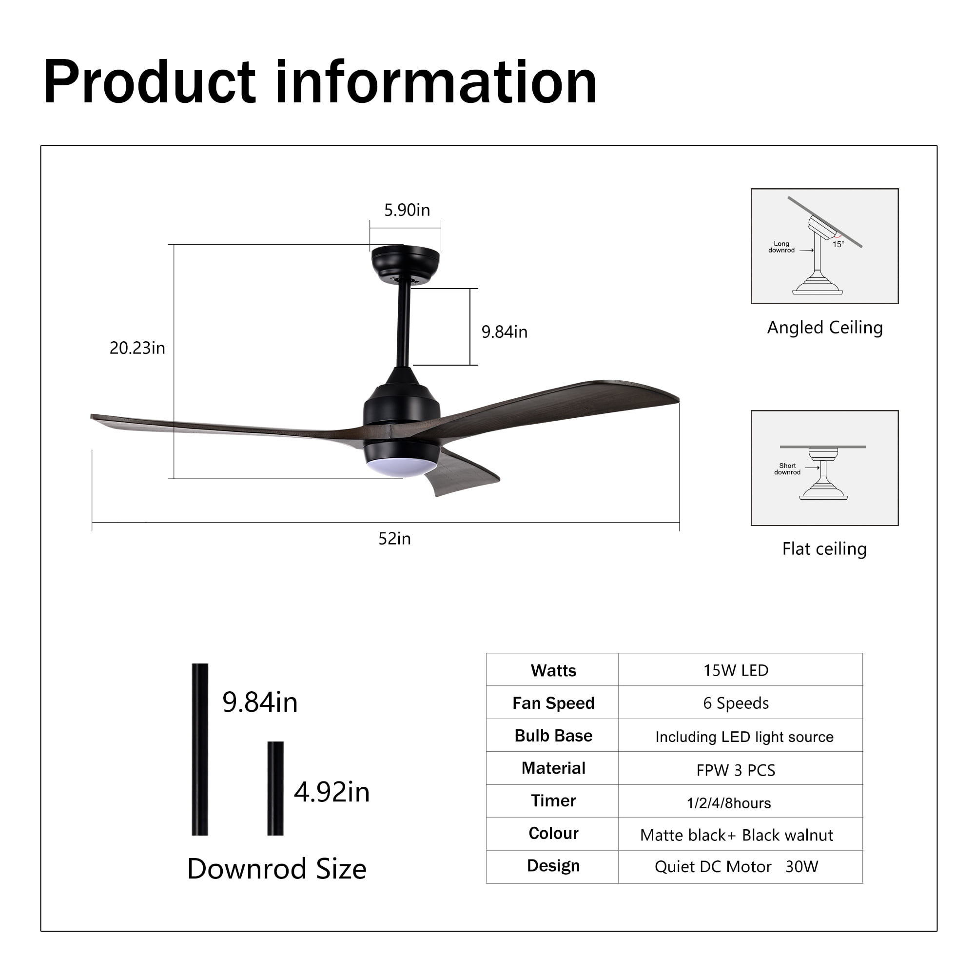 Ceiling Fan with Light, 52 Inch Solid Wood Blade Quiet Fan for Home Office Living Room, Matte Black