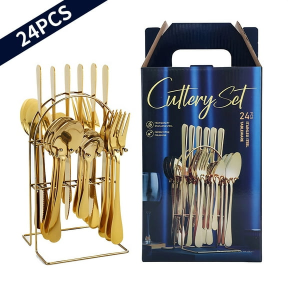 DFITO 24 Pcs Silverware Set with Hanging Holder Stainless Steel Flatware Set Service for 6 Utensils Set,Golden