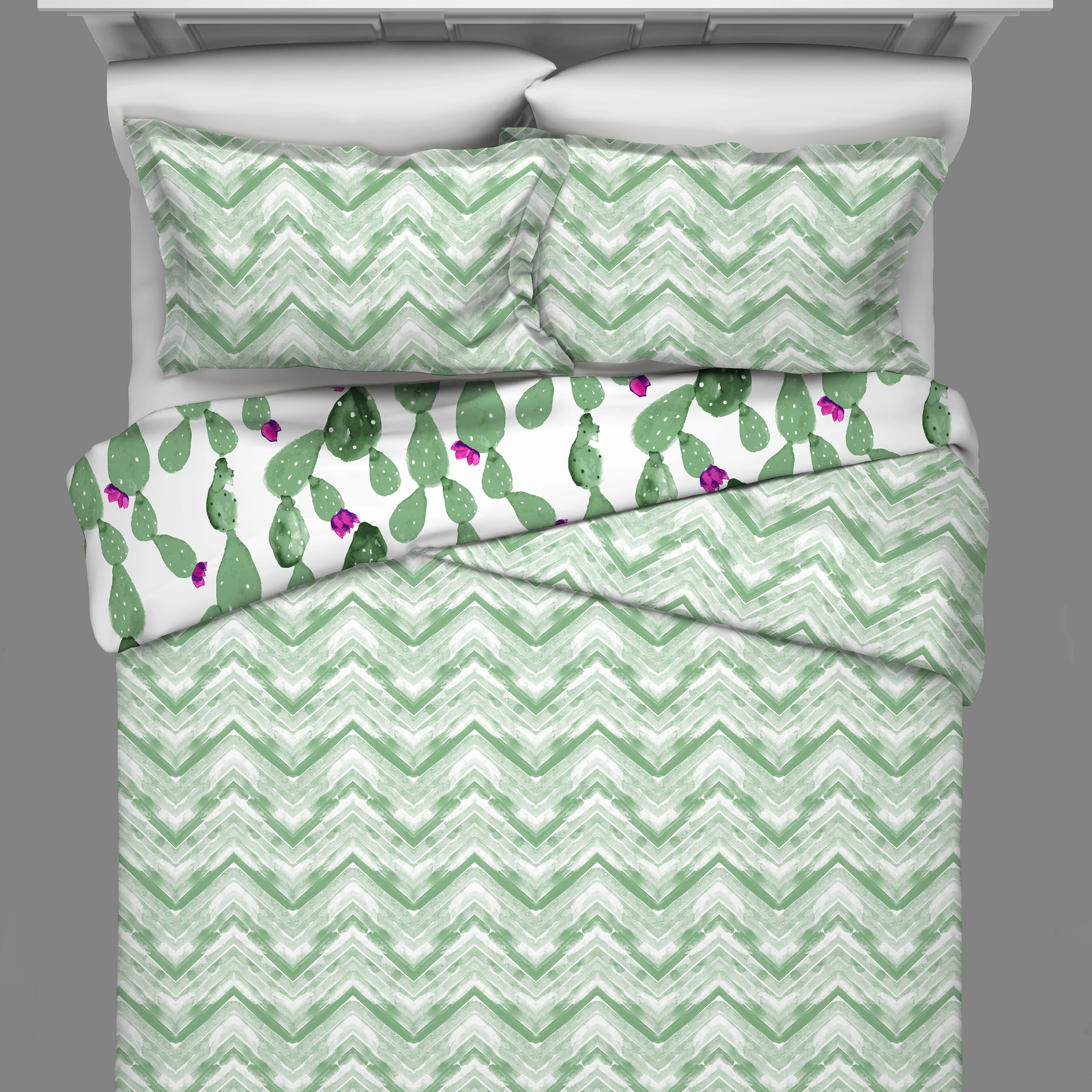 Vue Otto Reversible, Cactus Print, 3 Piece Quilt Set - Full/Queen - Green