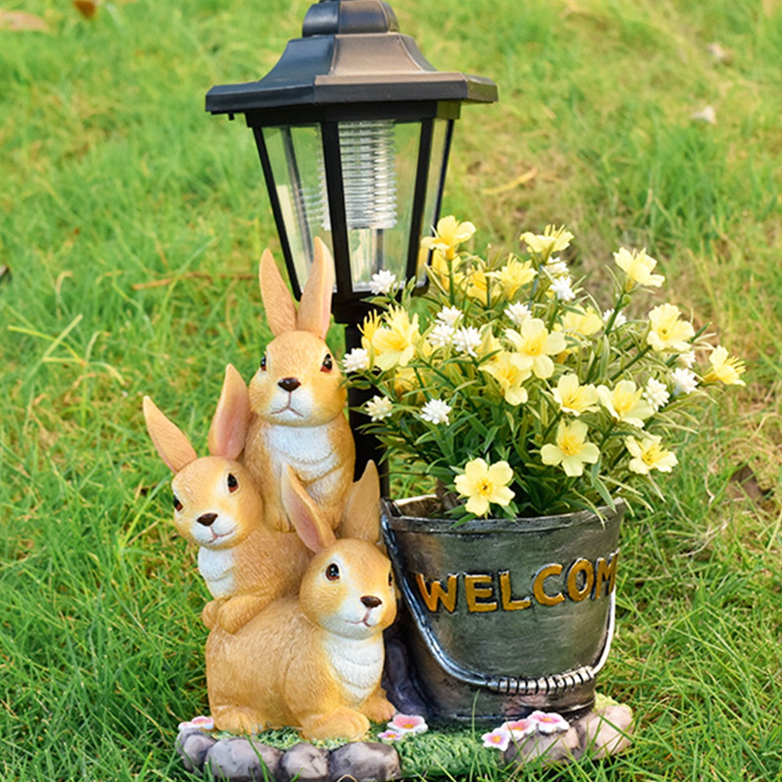 Taotanxi Solar Bunny Garden Stalue Outdoor, Easter Decoration Rabbits Figurine Flowerpot Decolwith Solar Lantem for Yard Art Lawn Ornaments Porch Patio Balcony - Gardening Gifts for Women Mom