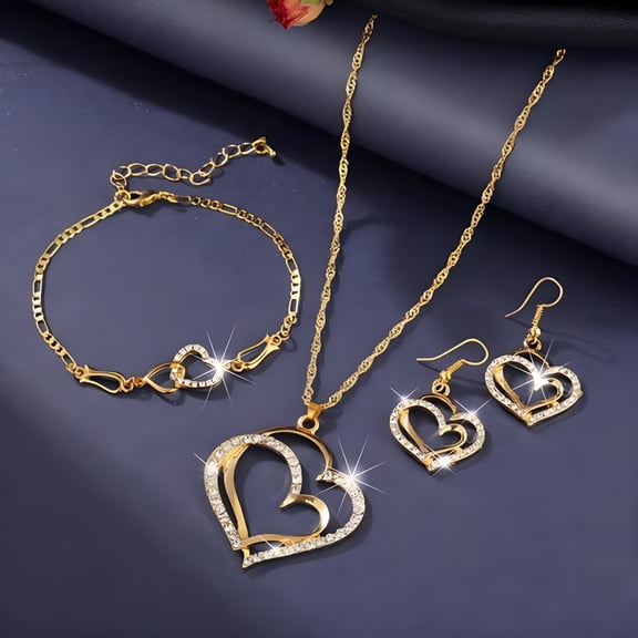 DESIGNICE Gold Diamond Double Love Pendant Necklace Earrings Bracelet Sweet and Ladies Wedding Jewelry Set Gold Jewelry Sets for Women