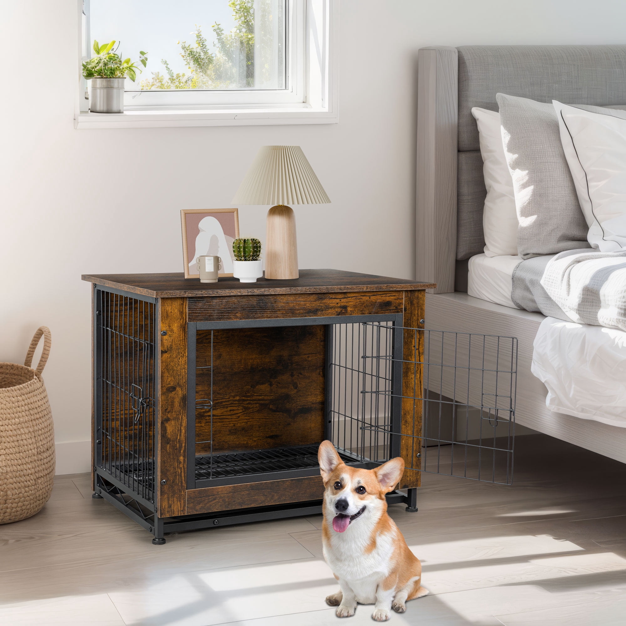 Walsunny Wooden Dog Crate Furniture,Double-Doors Kennel Indoor with Divider and Removable Tray,End Table Dog Crate for Decoration 32.5"L x 22.0"W x 25.0"H，Brown