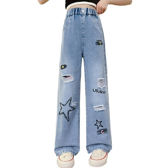 Girls Baggy Jeans Elastic Wasit Wide Leg Pants Casual Pocket Teen Girls Clothing 5-14 Years