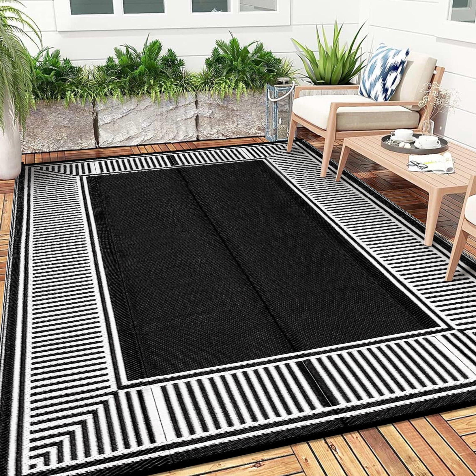 Garvee 9'x18' Outdoor Rug Waterproof Plastic Straw Rug, Modern Bordered Outdoor Carpet UV-Resistant Reversible Mat for Patio RV Deck Beach Porch, Black and White