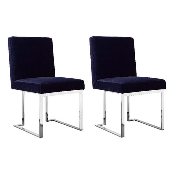 Boly 19 Inch Dining Chair, Set of 2, Navy Blue Velvet, Foam, Chrome Steel