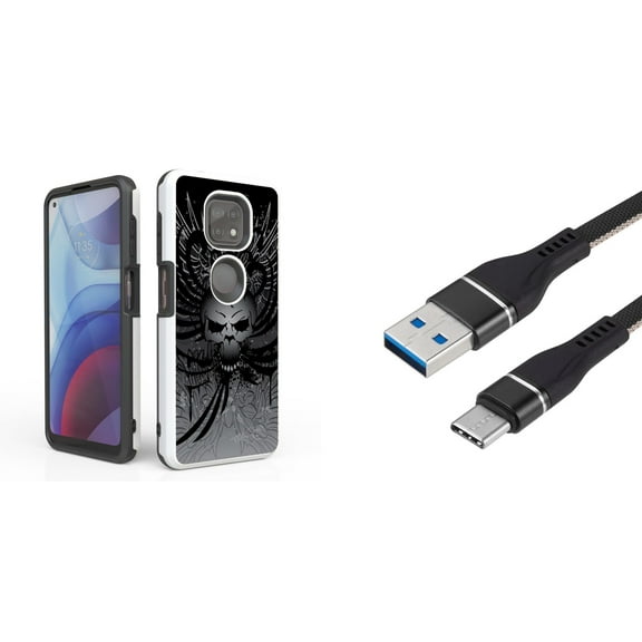 Bemz Accessory Bundle for Moto G Power (2021) Case with: Dual Shield Slim Rugged Hybrid Protective Cover, Fast Charging Sync USB-C to USB-A Cable (3 Feet) and Touch Tool - Skull Wings