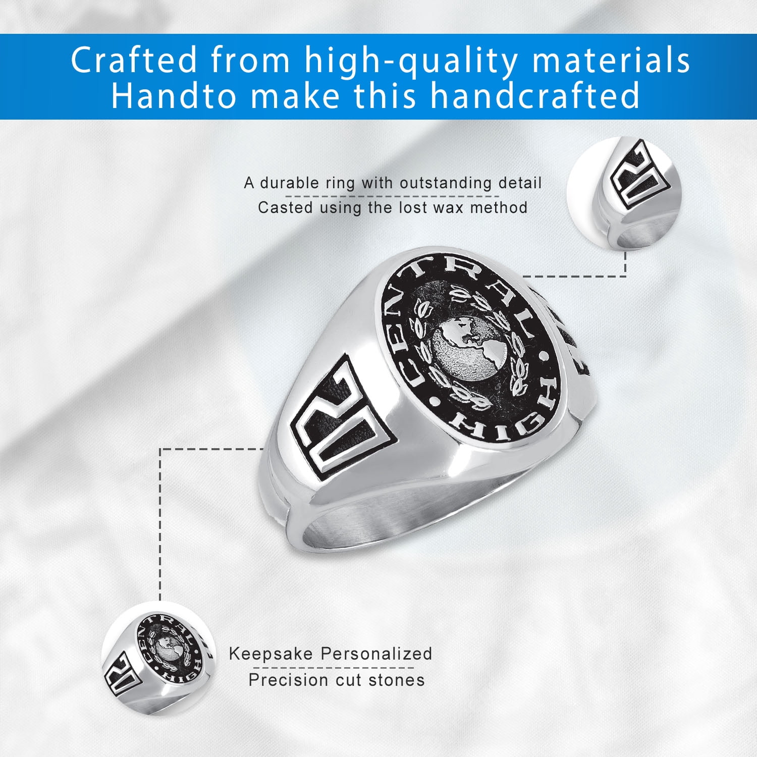 Personalized Men's Crest CZ Pave Top Class Ring available in Valadium, Silver Plus, 10kt and 14kt Yellow and White Gold