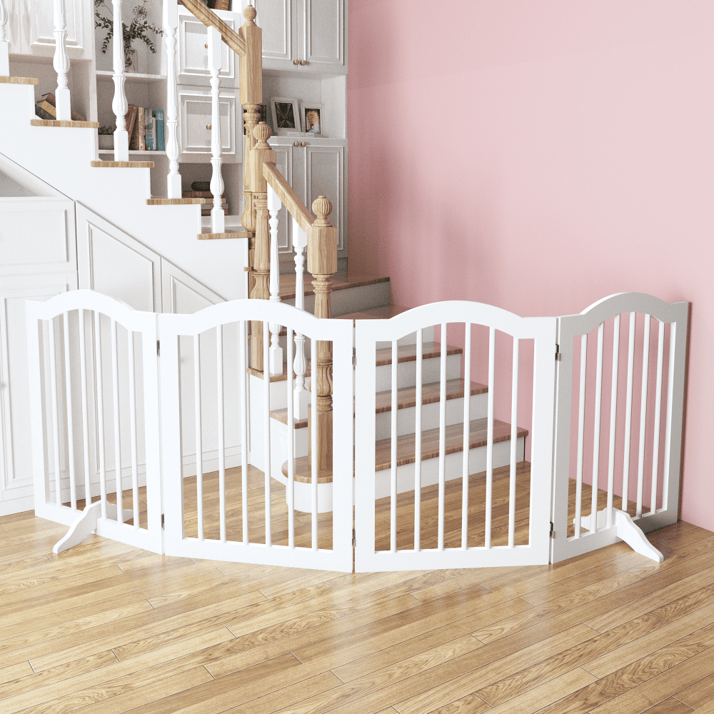 Oufan 27.6" Height Tall Freestanding Pet Gate, 4 Panels Foldable Dog Gate, Solid Wood Folding Safety Fence with 2 pcs Support Feet Ideal for Stairs, Doorways, Halls, Kitchens, Heavy Duty Gat , White