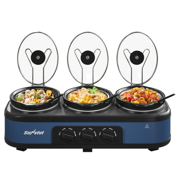 Sunvivi Triple Slow Cooker Food Warmer, 3 Removable Ceramic Pots (2.5 QT Each), Adjustable Temp & Stainless Steel Lids, Blue