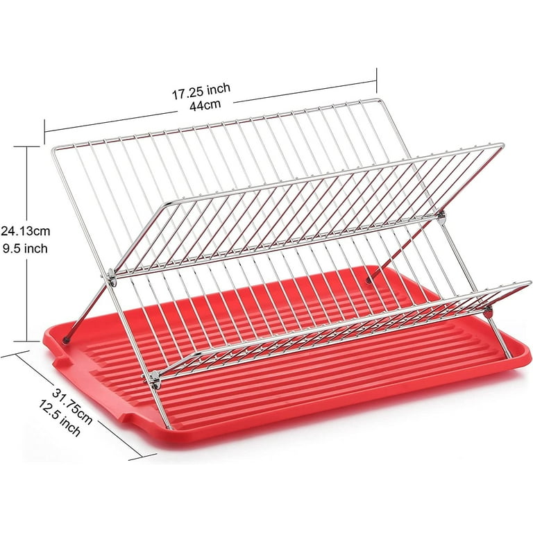 Red Dish Drying Rack Drainboard Set, 2 Tier Stainless Steel Dish