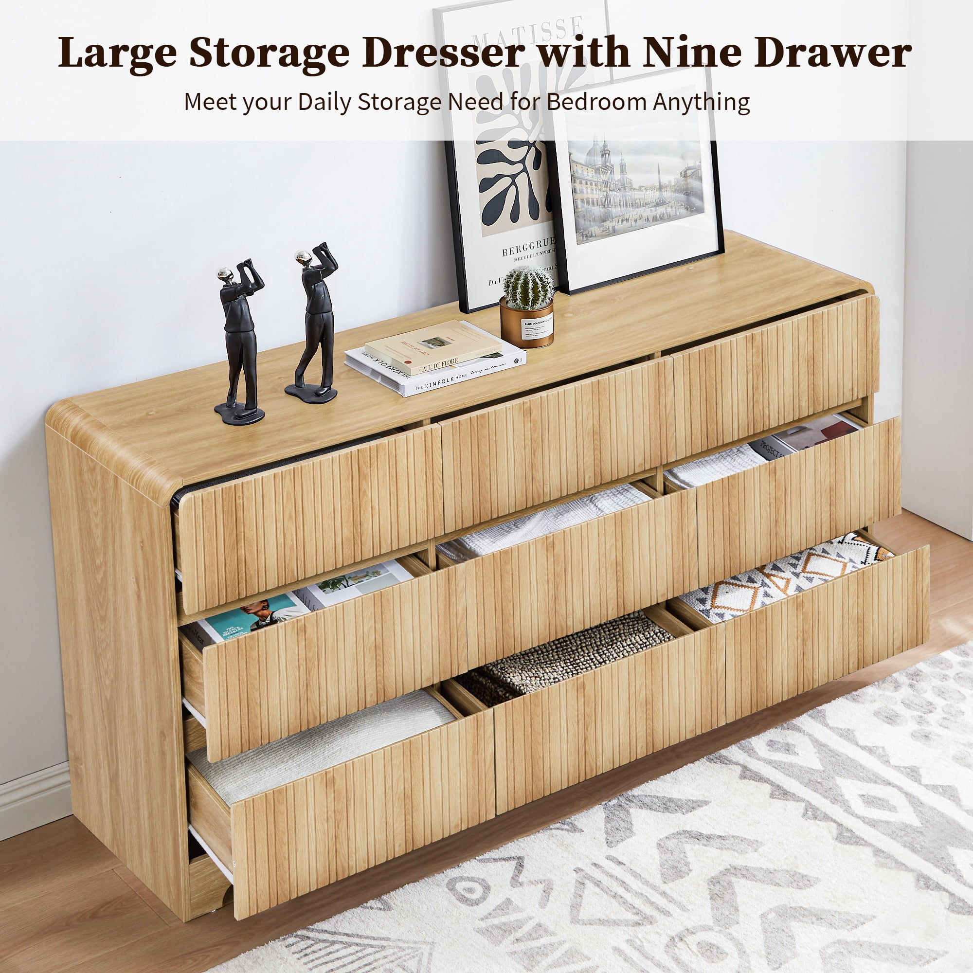 LEFHDA 63" Large 9 Drawer Wood Dressers, Fluted Wide Chest of Drawers, Mid Century Modern Wood Dresser for Living Room, Bedroom, Oak