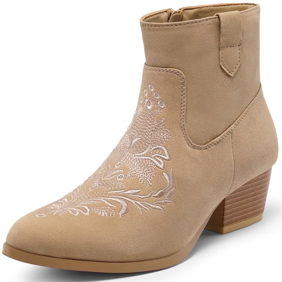 PUBOOM Women Faux Suede Ankle Boots Block Low Heel Chunky Cowboy Booties with Embroidery