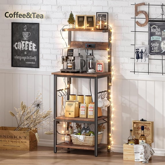 4 Tier Bakers Rack with Power Outlets, Microwave Stand with Adjustable Shelf, Kitchen Shelf Organizer for Small Space, Coffee Bar with 6 S Hooks, Kitchen Storage Rack, Rustic Brown
