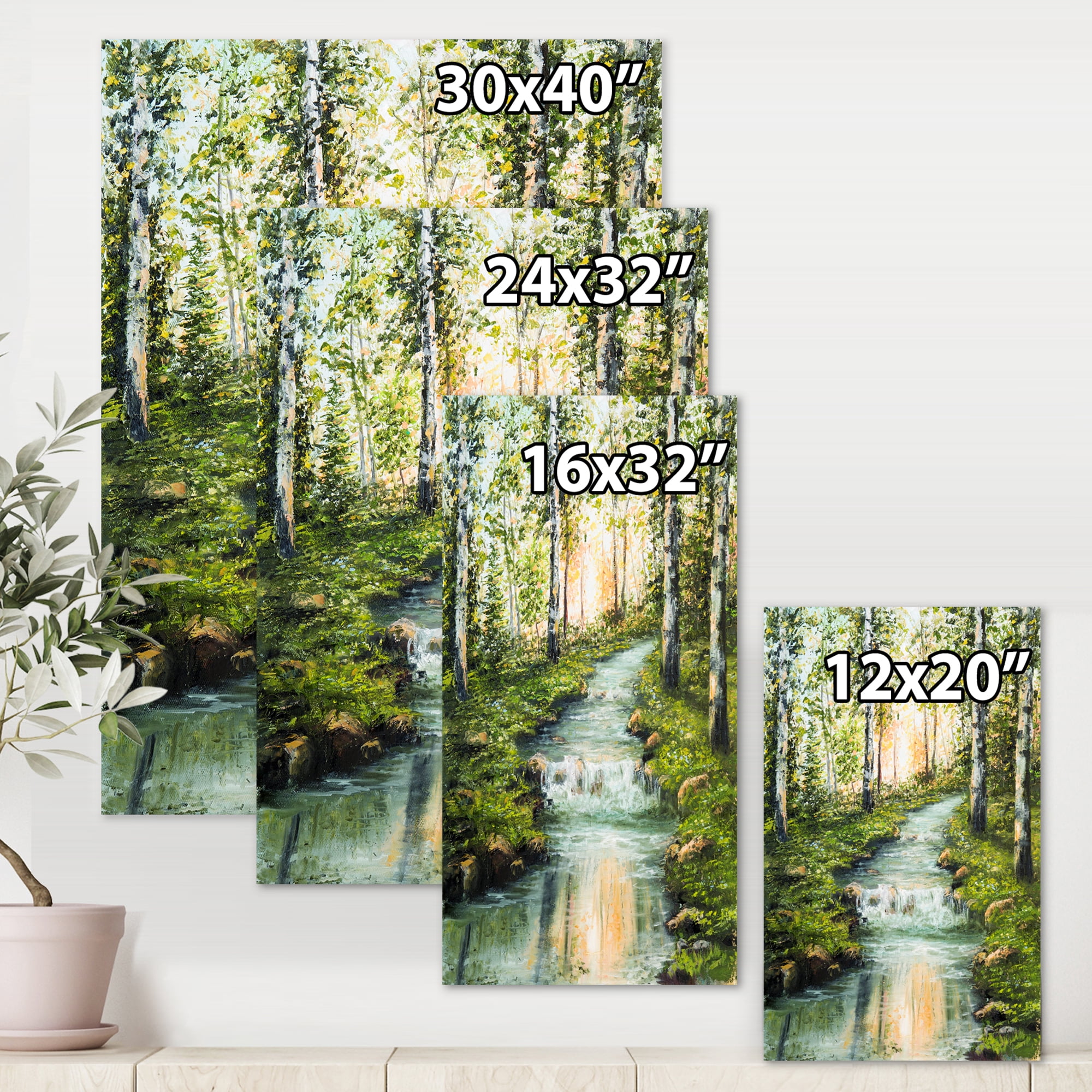 Designart ' River Through Green Birch Forest ' Lake House Canvas Wall Art Print