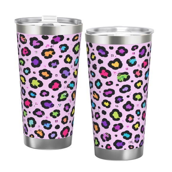 20oz Pink Colorful Leopard Print Car Tumbler Insulated Travel Cup with Handle and Straw Lid Gift with Double Silver Rim