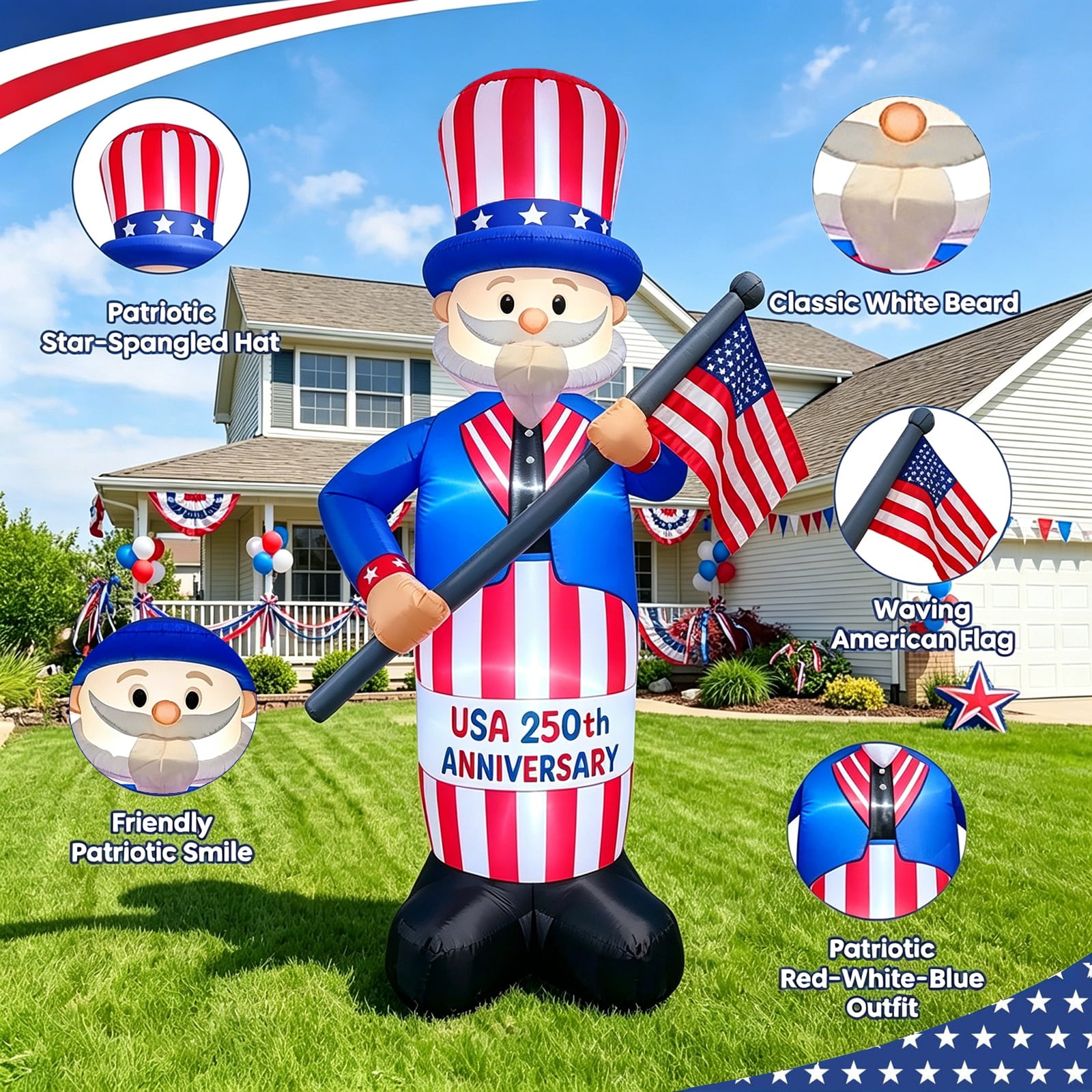8FT 250th Anniversary 4th of July Inflatables Outdoor Decorations Patriotic Blow up Yard Decorations with LED Lights Fourth of July Memorial Independence Day Party Garden Holiday Outside Decor