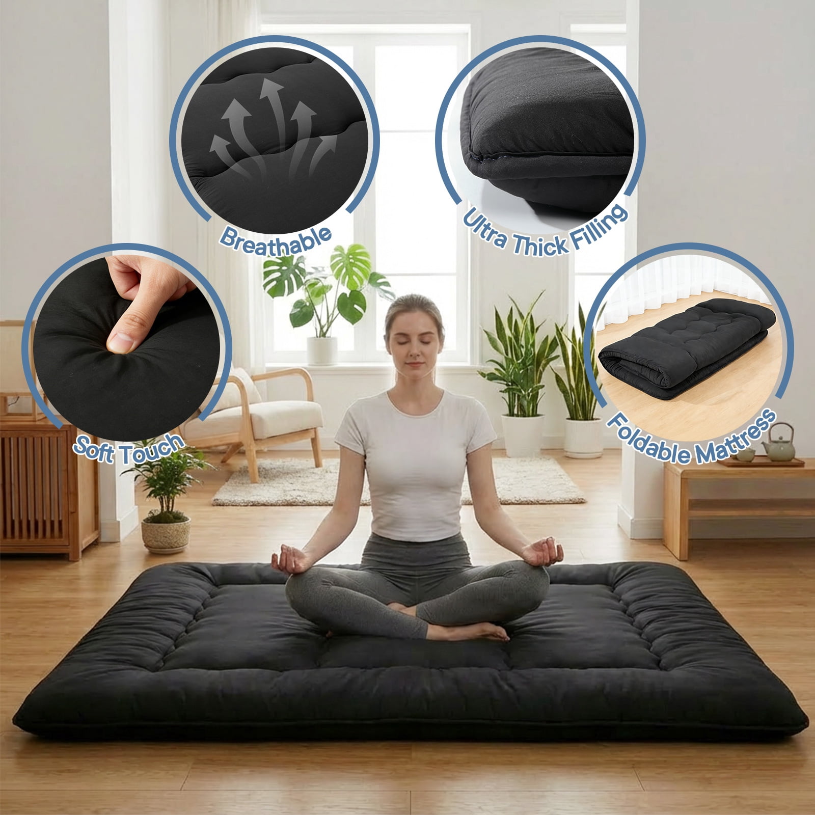 Sweetcrispy Twin Japanese Floor Mattress with Washable Cover, Folding Memory Foam Sleeping Mat for Dorm, Camping & Guest Room, Black