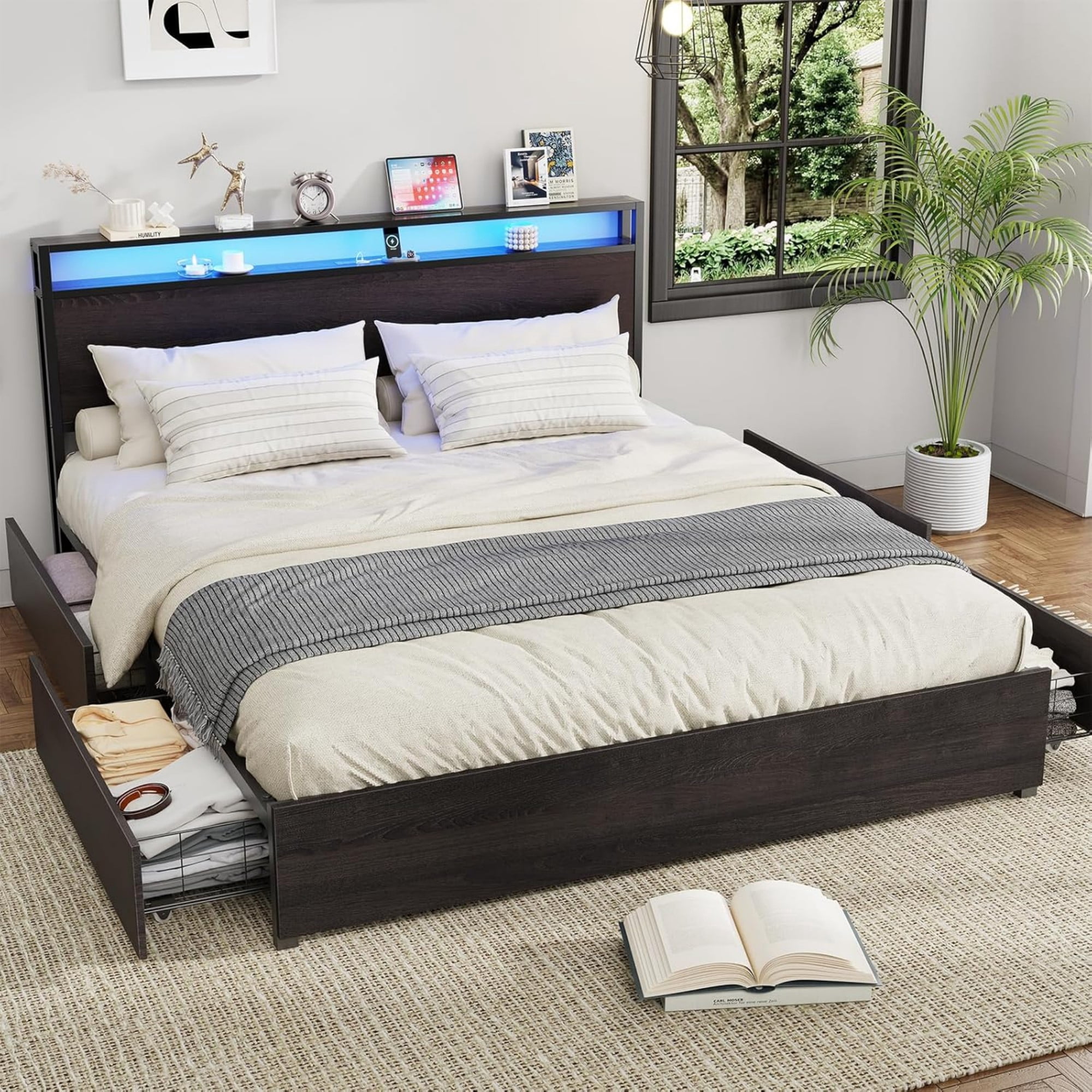 AENKYO King Size Bed Frame with LED Lights, Storage Headboard & 4 Drawers, Built-in Charging Station, Antique Black
