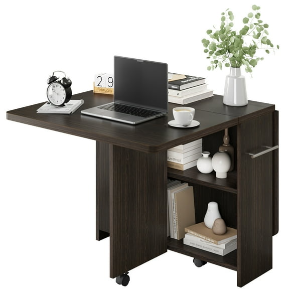 Ourlova Alician Space Saving Folding Dining Table with 2 Tier Storage-Extendable Drop Leaf Farmhouse Kitchen Dining Room Tables Set
