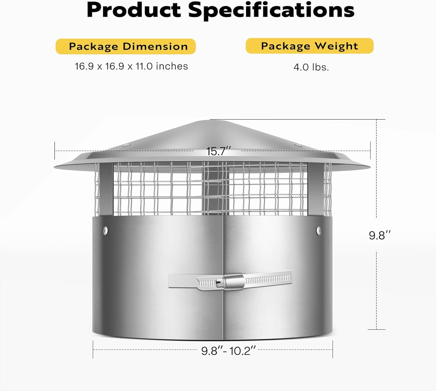 SPECSTAR 10" Cone Top Chimney Cap with Screen, Round Roof Rain Chimney Cover, Galvanized Steel Fireplace Exhaust Cap, Adjustable Roof Cap for Vent