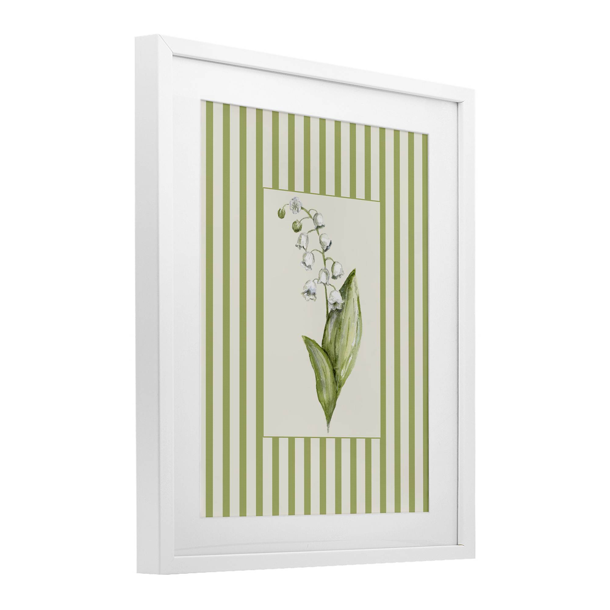Striped Lily Of The Valley White Framed Print Under Glass, design by Lisa Wehmeyer