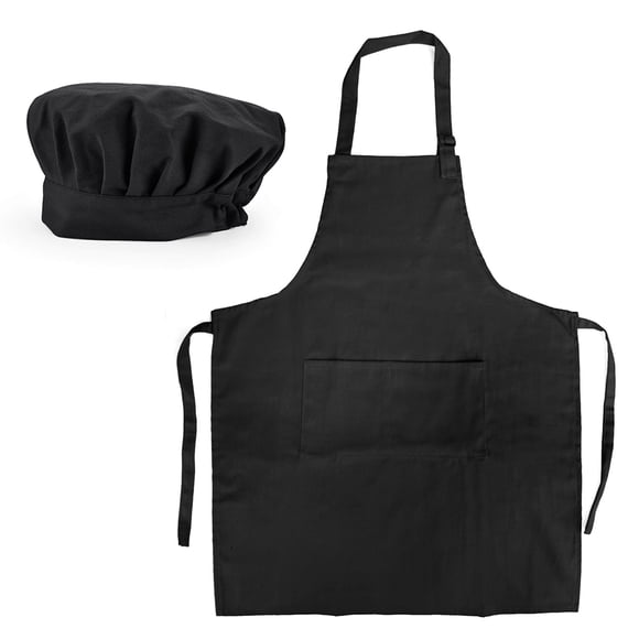 (Price/1 Set)Opromo Cotton Canvas Adjustable Apron Chef Hat Set for Men and Women-Black-XL