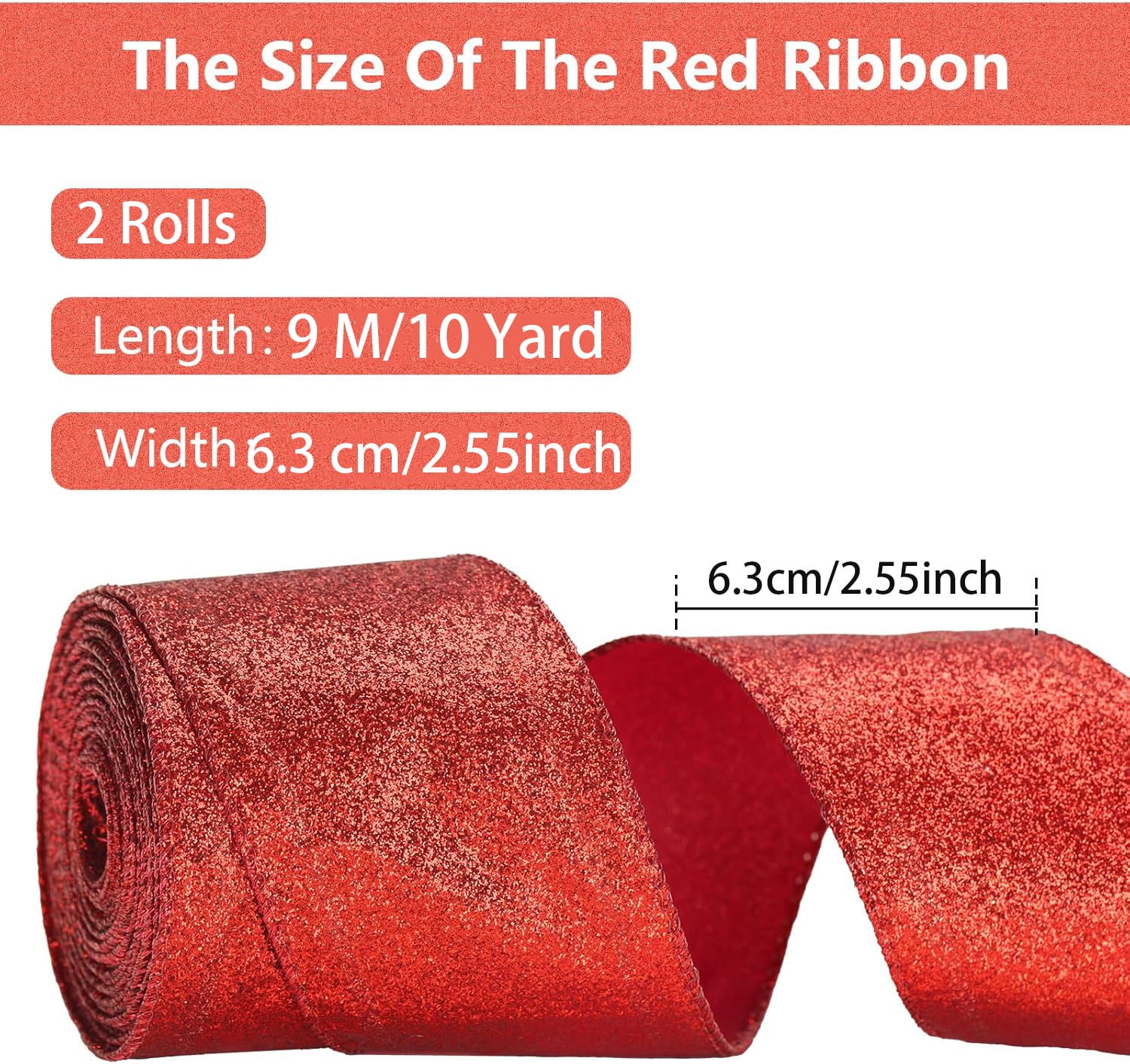Glitter Wired Ribbon,Bexikou 2 Rolls Red Gift Wrapping Ribbon, Christmas Decorative Ribbons for Crafts Bow Wreath DIY Gift Wrapping Supplies (2.5 Inch x 20 Yards)