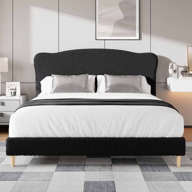 Cama Queen tapizada con cabecera ajustable – Plataforma baja de bouclé, estructura silenciosa de madera, sin box spring, fácil montaje – Color black, tamaño QUEEN