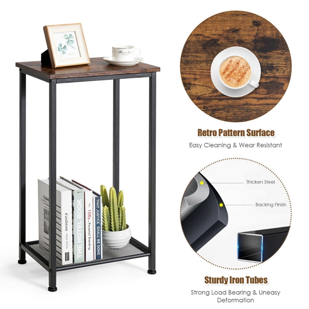 Finihen End Table, 2-Tier Industrial End Table with Metal Mesh Storage Shelves, Sofa Side Table, Bed Side Table, for Living Room, Bedroom, Brown Finihen End Table, 2-Tier Industrial End Table with Metal Mesh Storage Shelves, Sofa Side Table, Bed Side Table, for Living Room, Bedroom, Brown