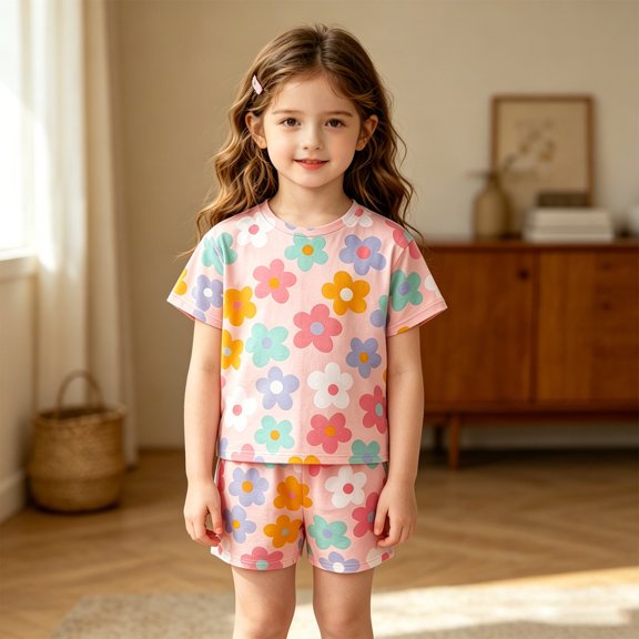 Angala 2 Piece Outfits For Girls Crew Neck Short Sleeve Floral Print T Shirt With Shorts Set Girls Fall Season Wear Clothes