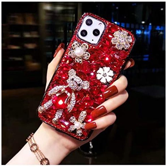 Compatible with iPhone 12 Pro Max Glitter Sparkle Bling Case Luxury Shiny Crystal Rhinestone Jewelled Gemstone Diamond Bumper Clear Protective Cover Designed for iPhone 12 Pro Max 6.7'',Red