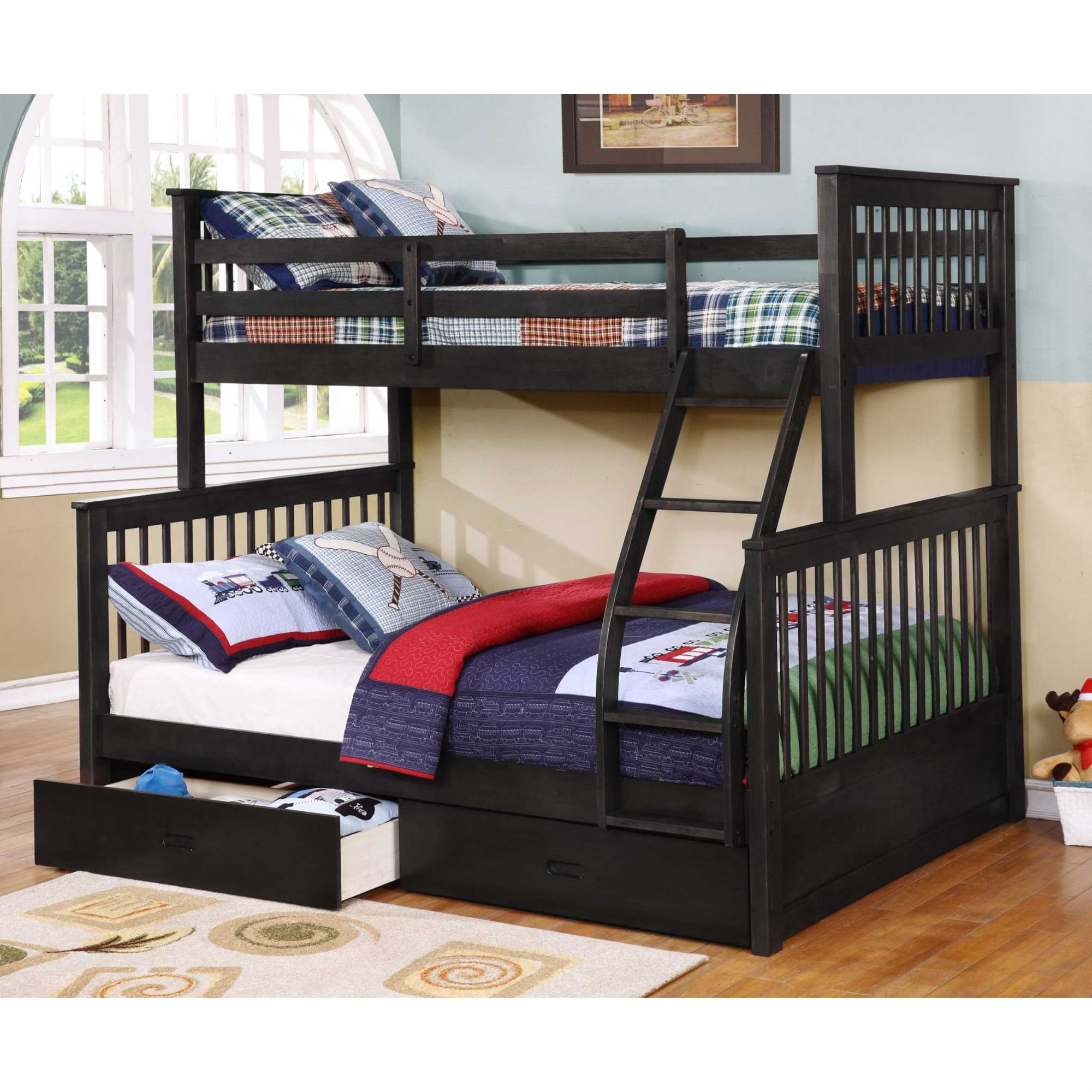 Contemporary Charcoal Black Finish Twin over Full Bunk Bed with Storage